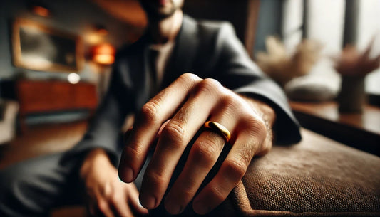 a man shows his wedding ring