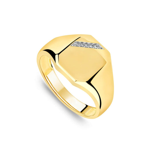 Hexagon-Shaped Signet Ring in 9ct Gold with 0.02 ct Diamond Corner