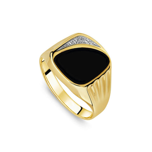 Square Signet Ring in 9ct Yellow Gold and Onyx with Diamond