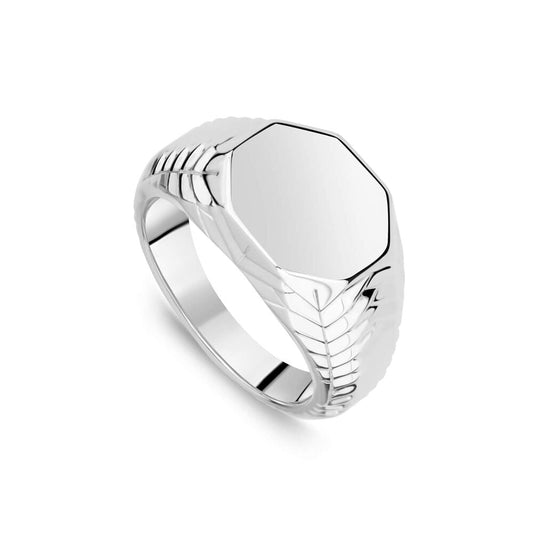 Octagon Signet Ring with Patterned Sides in Sterling Silver