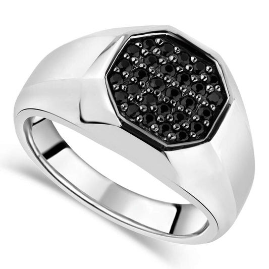 Hexagon Signet Ring in Silver with Black Cubic Zirconia