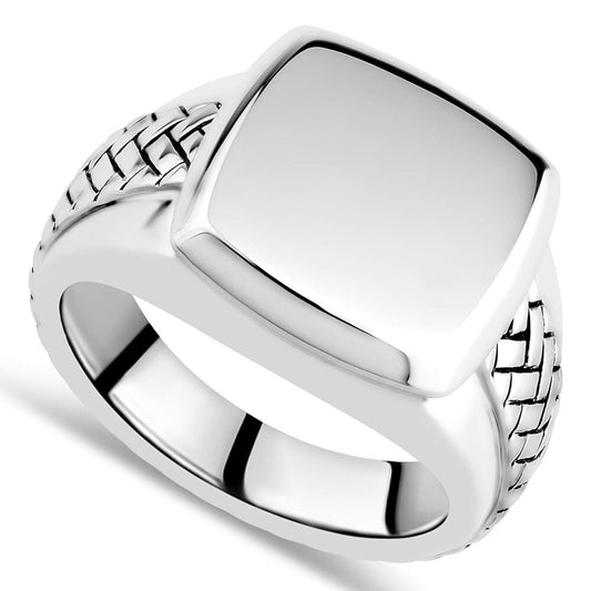 Square Cushion Signet Ring with Plait Shoulders in Sterling Silver