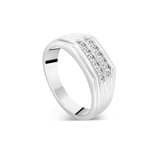 Square Signet Ring with Two lines of Cubic Zirconia in Sterling Silver